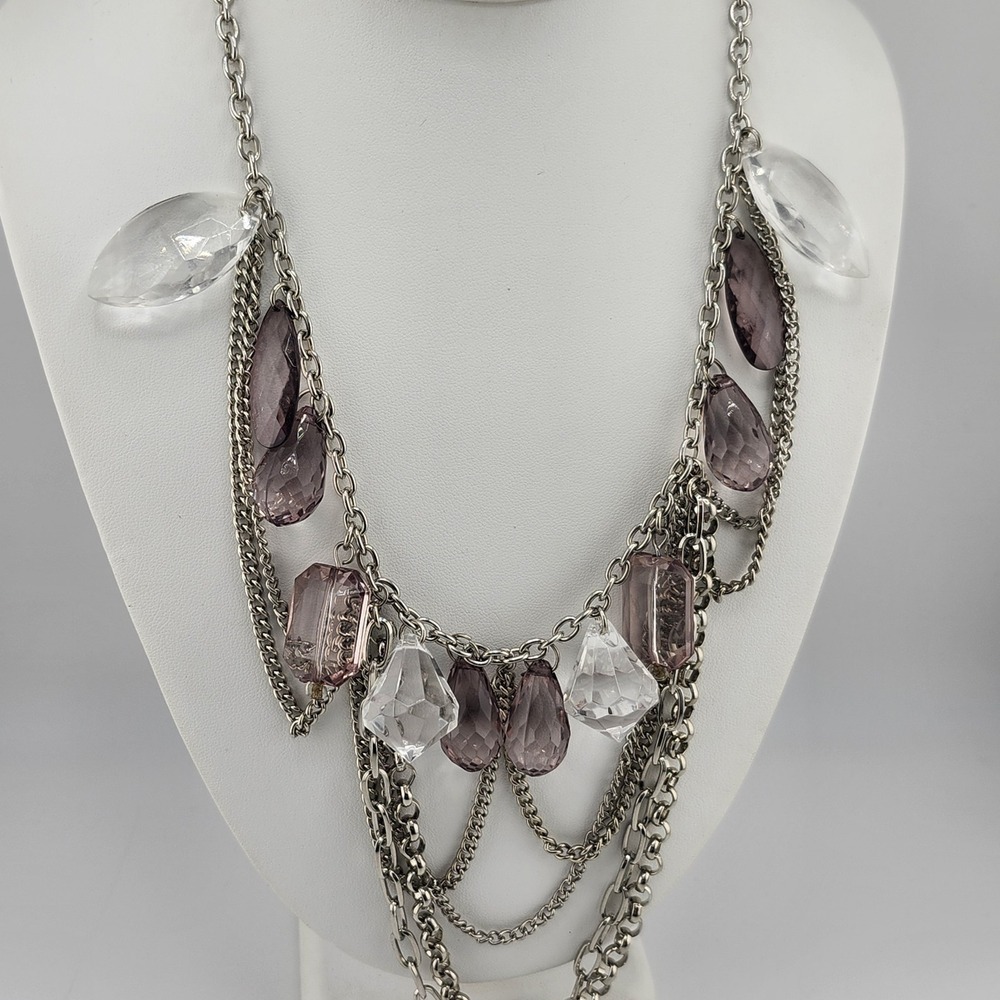 Silver Tone Clear And Smoky Purple Bead Festoon Style‎ Necklace